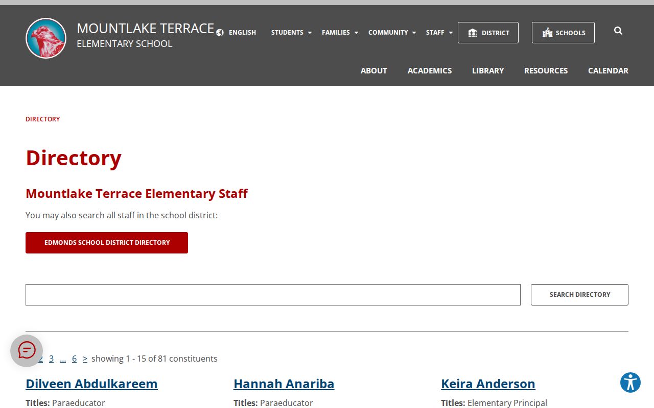 Mountlake Terrace people directories showing elementary staff entries