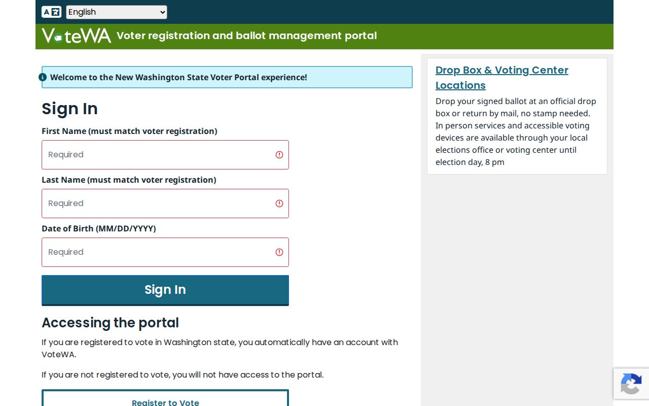 Mountlake Terrace voter registration lookup fields in VoteWA